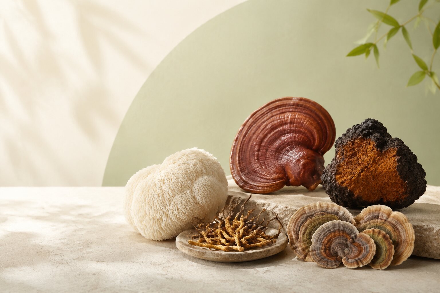Лъвска грива, кордицепс, рейши, чага и Turkey Tail върху светъл естествен фон