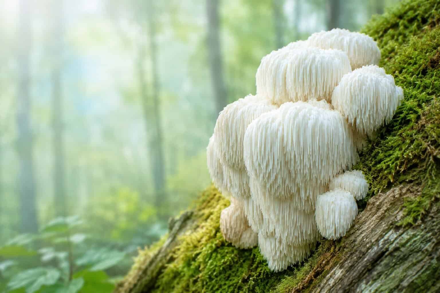 Гъба Лъвска грива (Hericium erinaceus), растяща върху горски дънер
